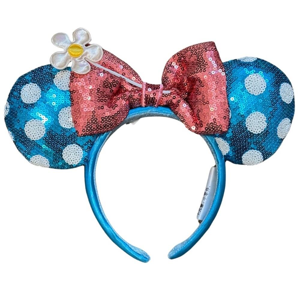 NWT Minnie Ears Disney Parks Headband Timeless Teal Polka Dot Sequin Hat Flower
